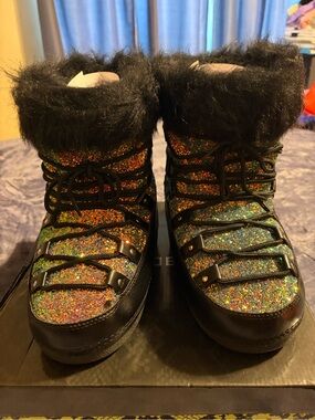 Cape Robbin Black Faux Fur Multicolor Glitter Lace-Up Winter Boots